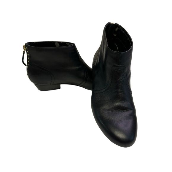 Black‎ Leather Ankle Boots with Gold Studded Heel Accent Booties - Picture 1 of 12